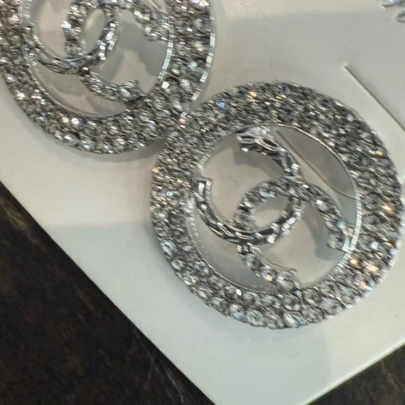 CHANEL Silver Crystal Logo Earrings - Picture 4 of 4